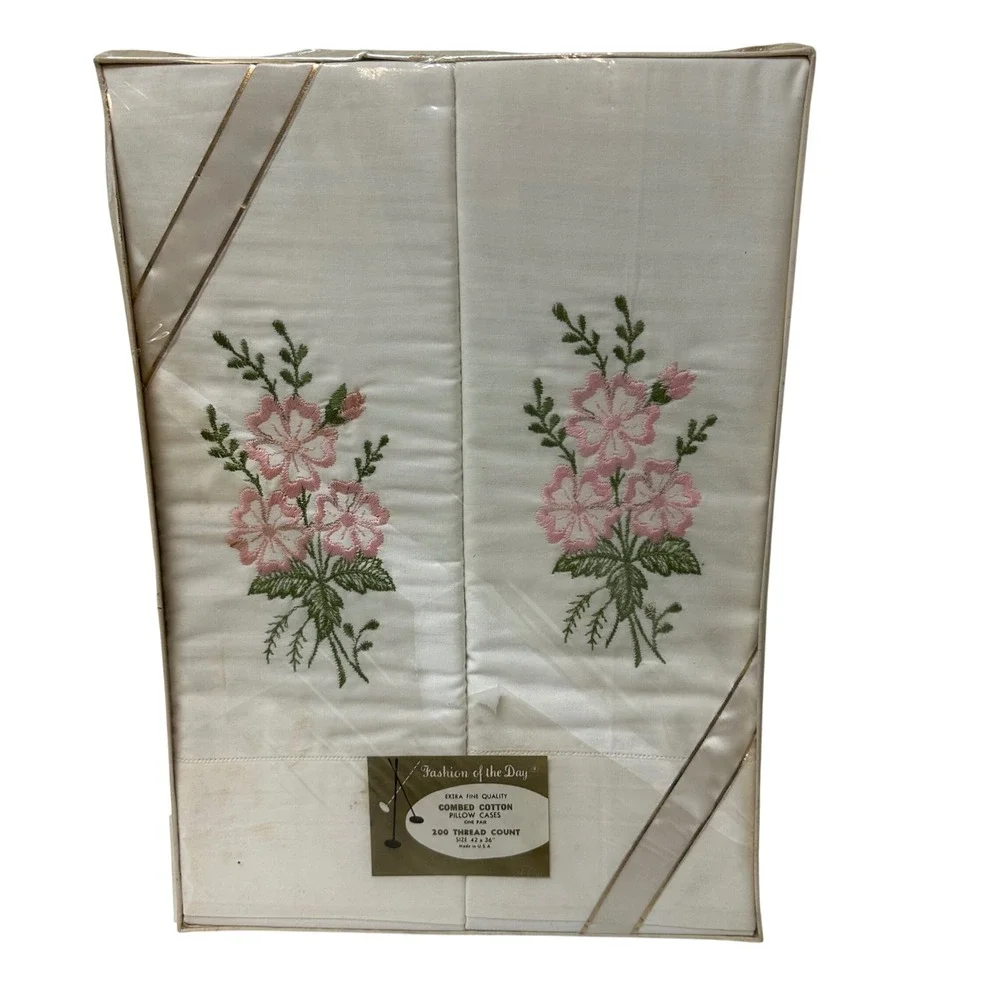 Vintage Embroidered Pillowcases Combed Cotton 200 TC White Pink Floral Set of 2